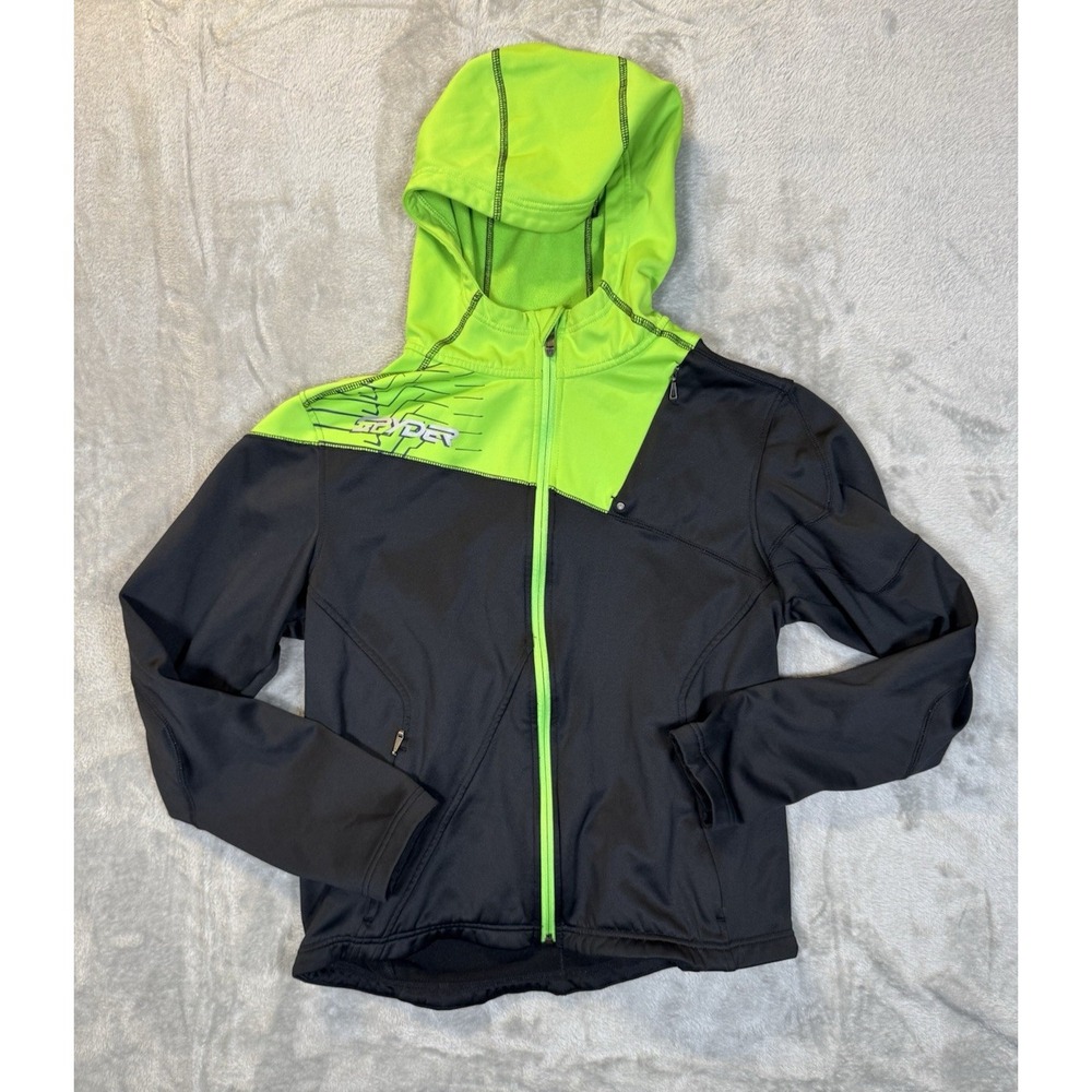 Spyder Strato Full Zip Fleece Hoodie Jacket Black Green Logo Size Large